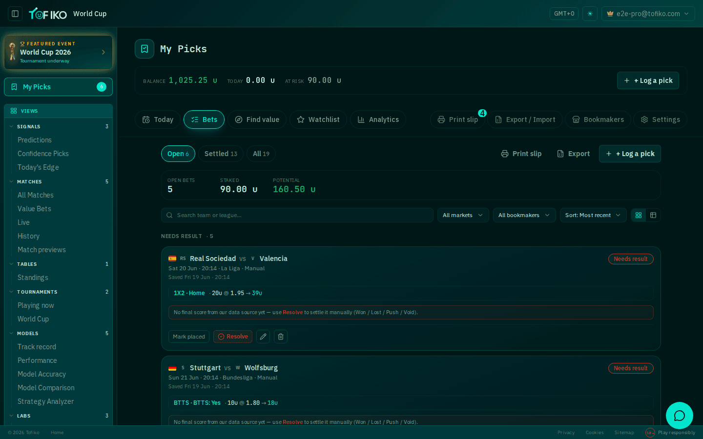 The Bets tab in My Picks showing open bets with Resolve buttons