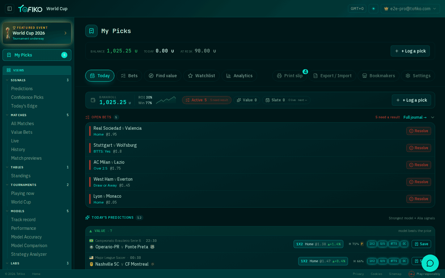 The My Picks dashboard showing balance, open bets and today's predictions