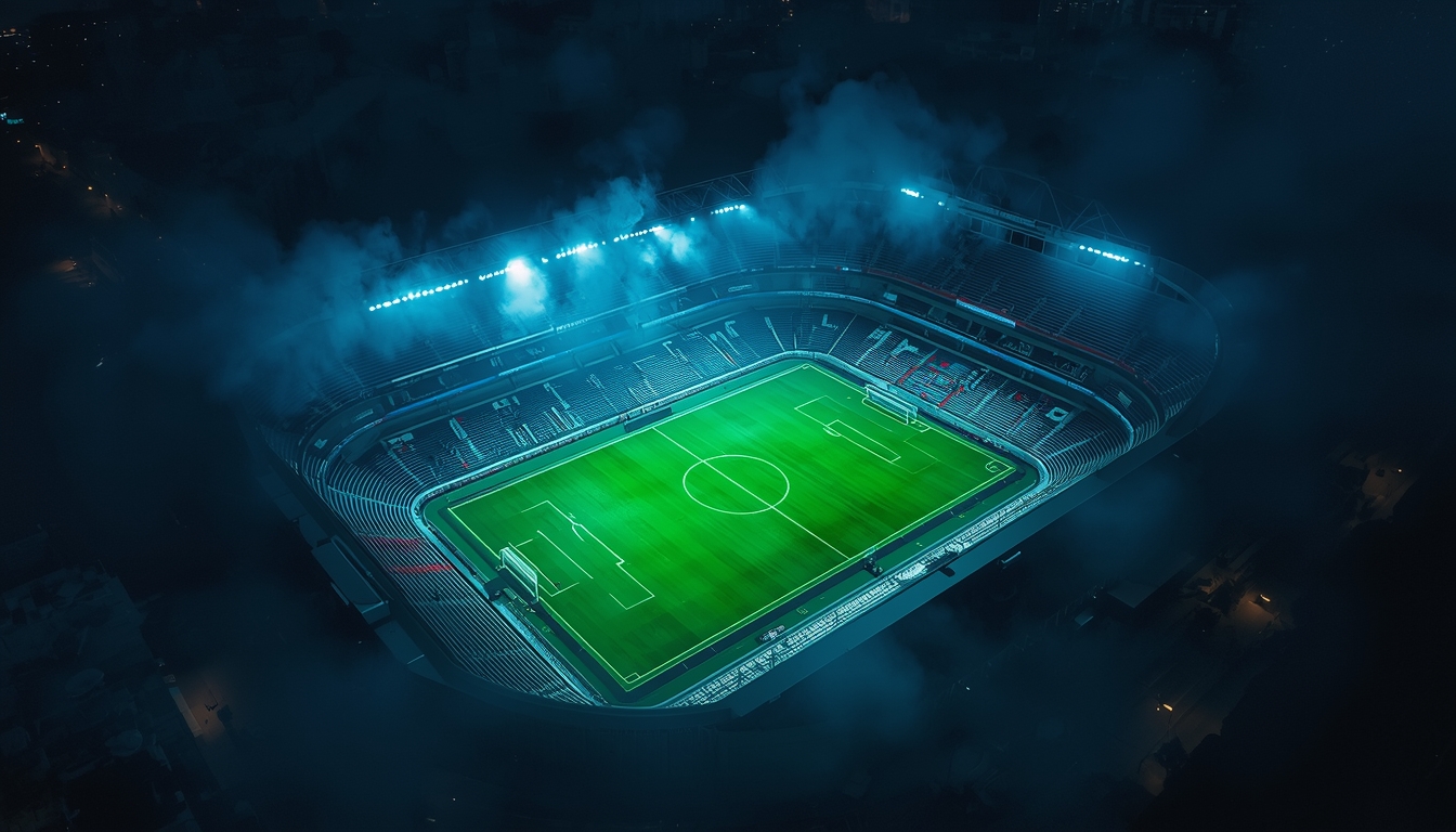 Floodlit football stadium at night